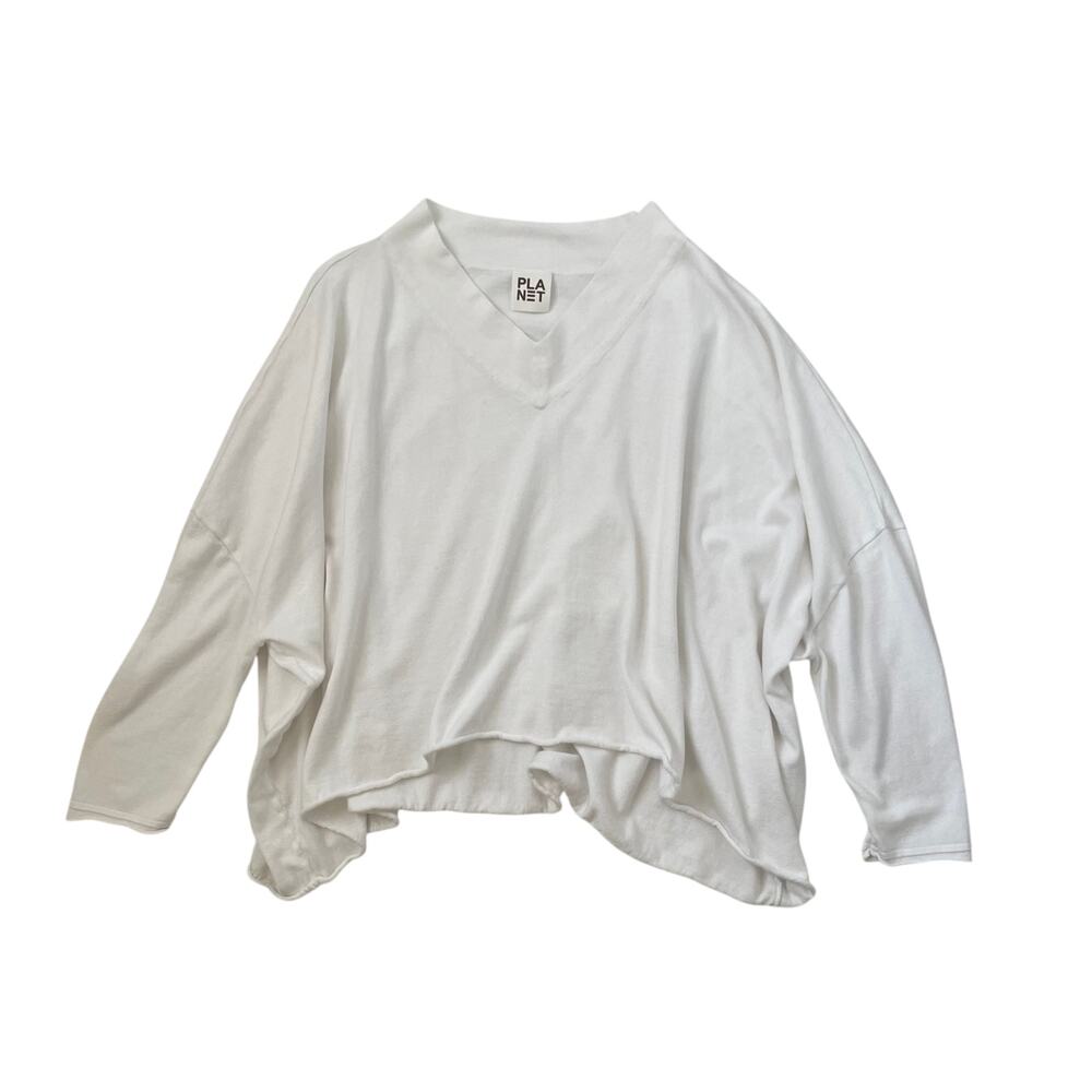 PLANET Drop Shoulder Top White Cotton Blend Oversized V-Neck Shirt - One Size